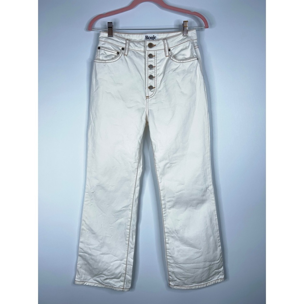 Rouje Bastille Jeans Cream High Waist Exposed Button Fly Crop Flare Size 27
